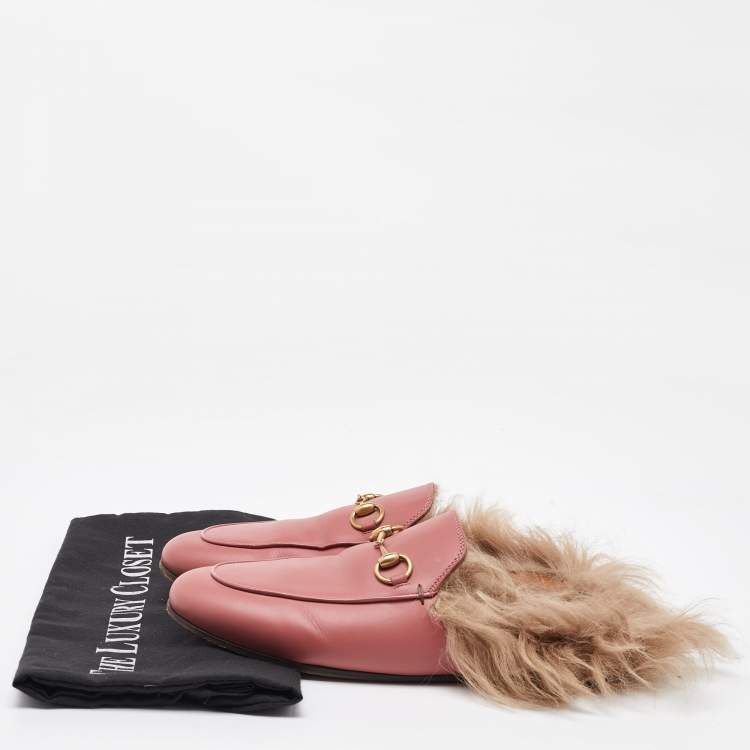 Pre Owned Gucci Pink Leather Horsebit Princetown Fur Flat Mules Size 37