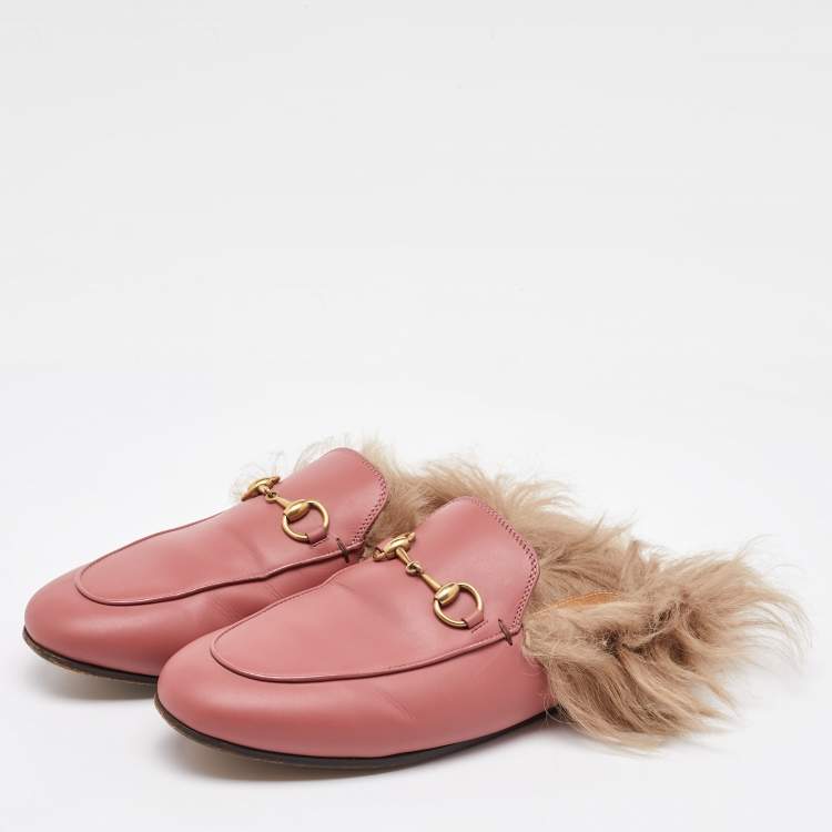 Pre Owned Gucci Pink Leather Horsebit Princetown Fur Flat Mules Size 37