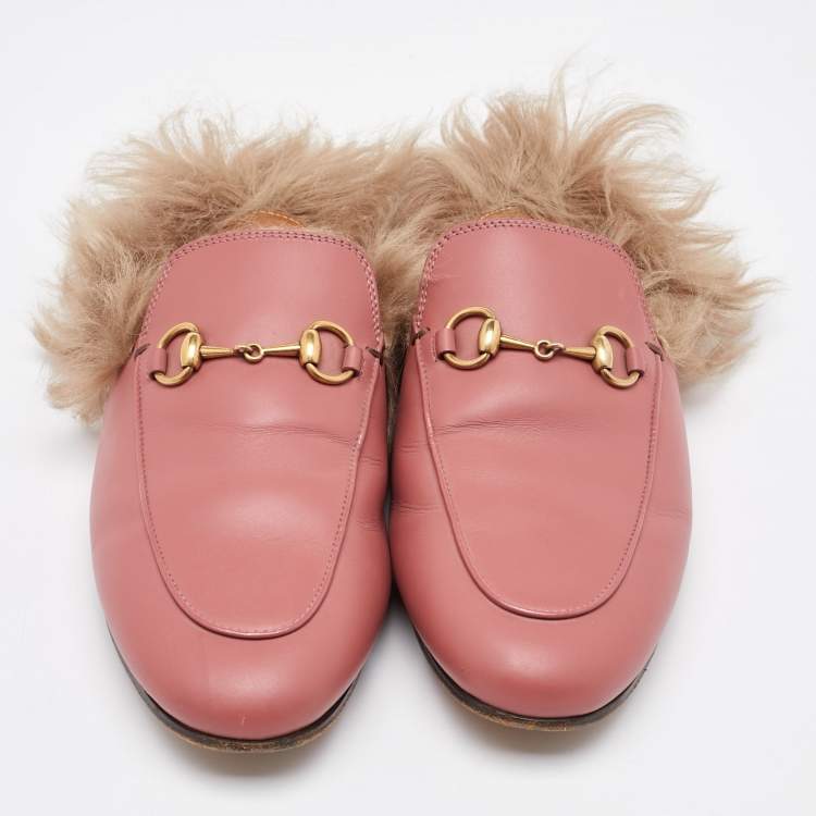 Pre Owned Gucci Pink Leather Horsebit Princetown Fur Flat Mules Size 37