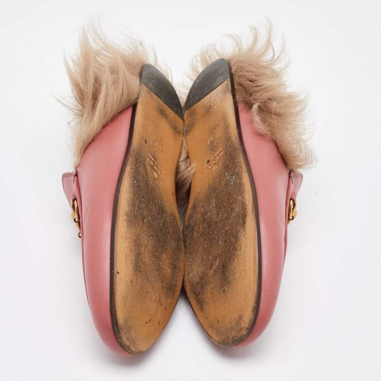 Pre Owned Gucci Pink Leather Horsebit Princetown Fur Flat Mules Size 37