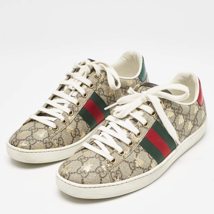 Pre Owned Gucci Beige GG Supreme Bee Print Canvas Ace Low Top Sneakers Size 37