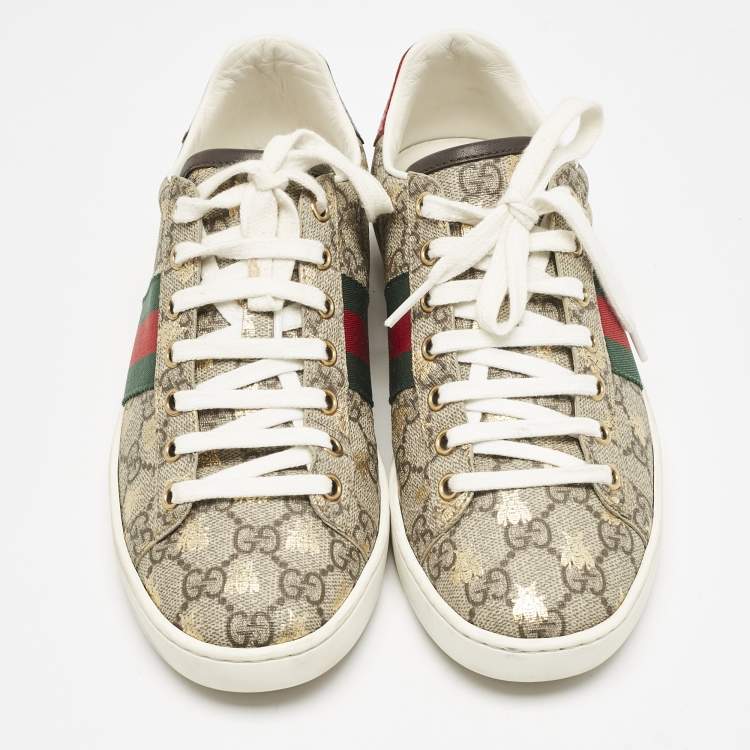Pre Owned Gucci Beige GG Supreme Bee Print Canvas Ace Low Top Sneakers Size 37