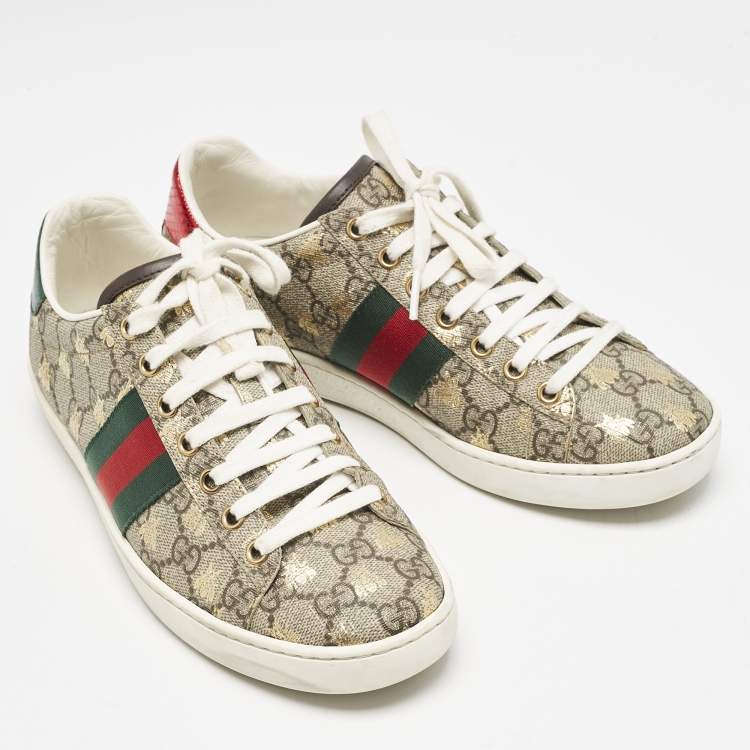 Pre Owned Gucci Beige GG Supreme Bee Print Canvas Ace Low Top Sneakers Size 37