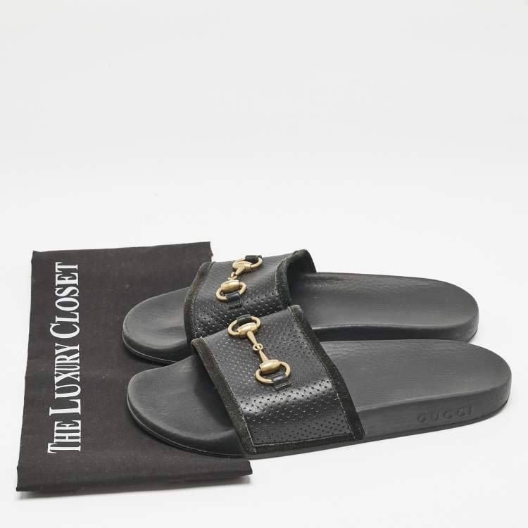Pre Owned Gucci Black Leather and Suede Horsebit Flat Slides Size 39