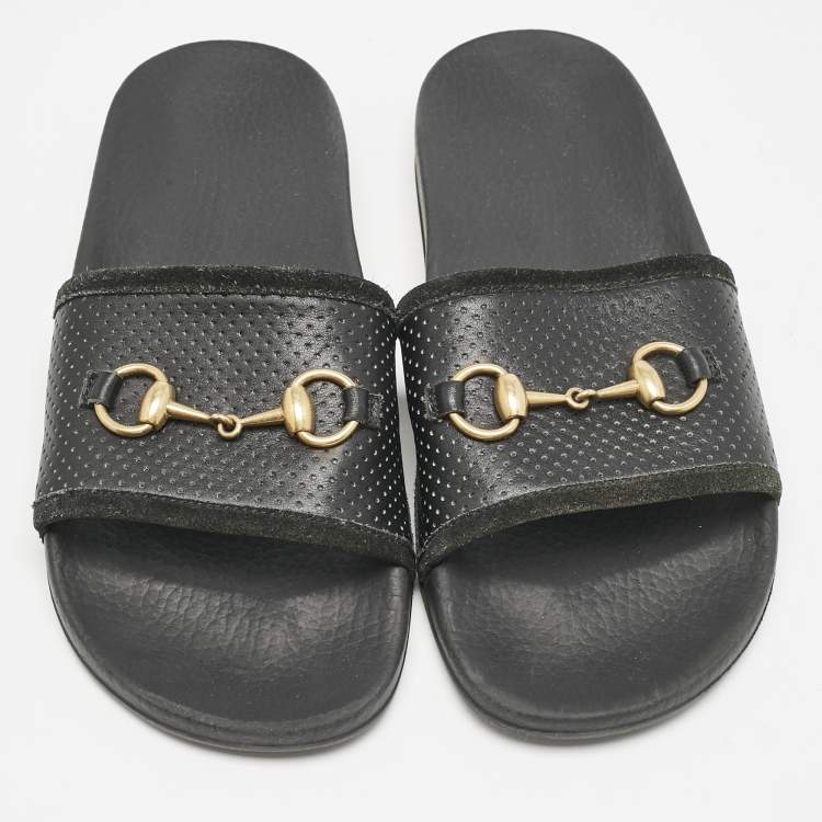 Pre Owned Gucci Black Leather and Suede Horsebit Flat Slides Size 39