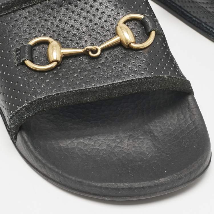 Pre Owned Gucci Black Leather and Suede Horsebit Flat Slides Size 39