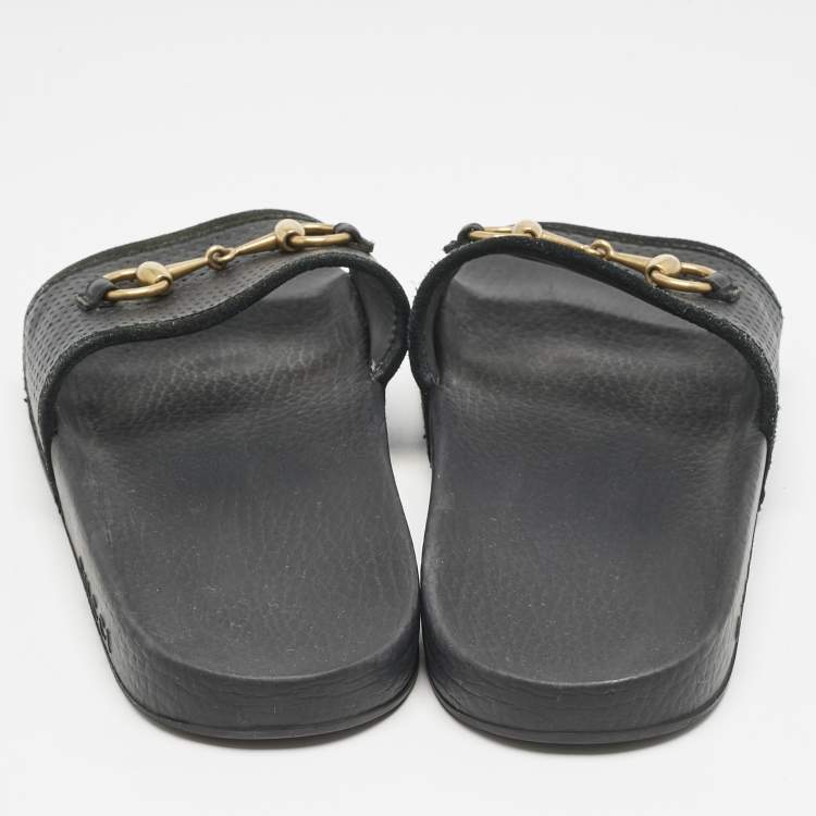 Pre Owned Gucci Black Leather and Suede Horsebit Flat Slides Size 39