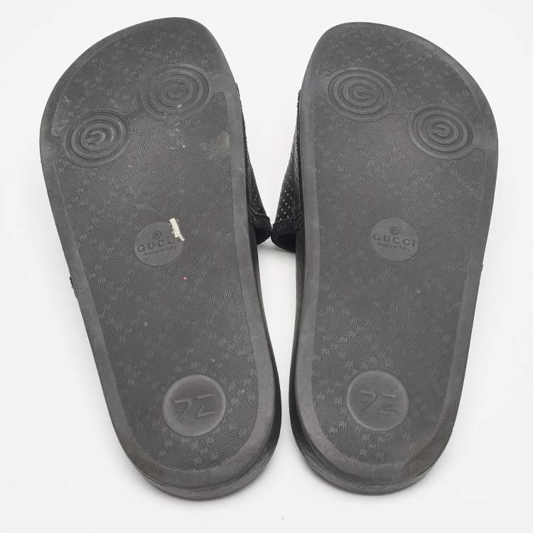 Pre Owned Gucci Black Leather and Suede Horsebit Flat Slides Size 39
