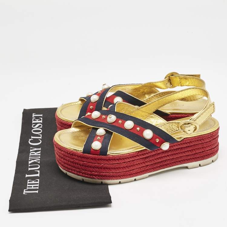 Pre Owned Gucci Multicolor Leather And Canvas Web Studded Platform Sandals Size 39