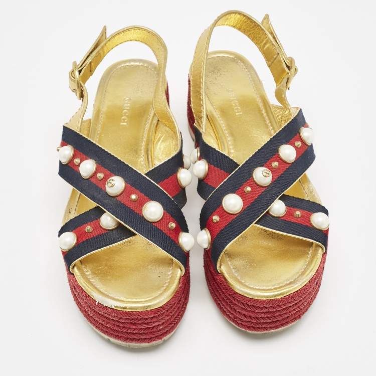 Pre Owned Gucci Multicolor Leather And Canvas Web Studded Platform Sandals Size 39
