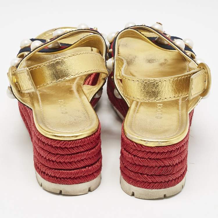 Pre Owned Gucci Multicolor Leather And Canvas Web Studded Platform Sandals Size 39