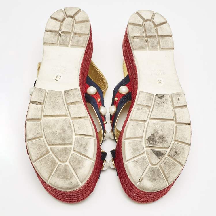 Pre Owned Gucci Multicolor Leather And Canvas Web Studded Platform Sandals Size 39