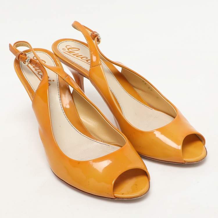 Pre Owned Gucci Yellow Patent Leather Peep Toe Slingback Pumps Size 37