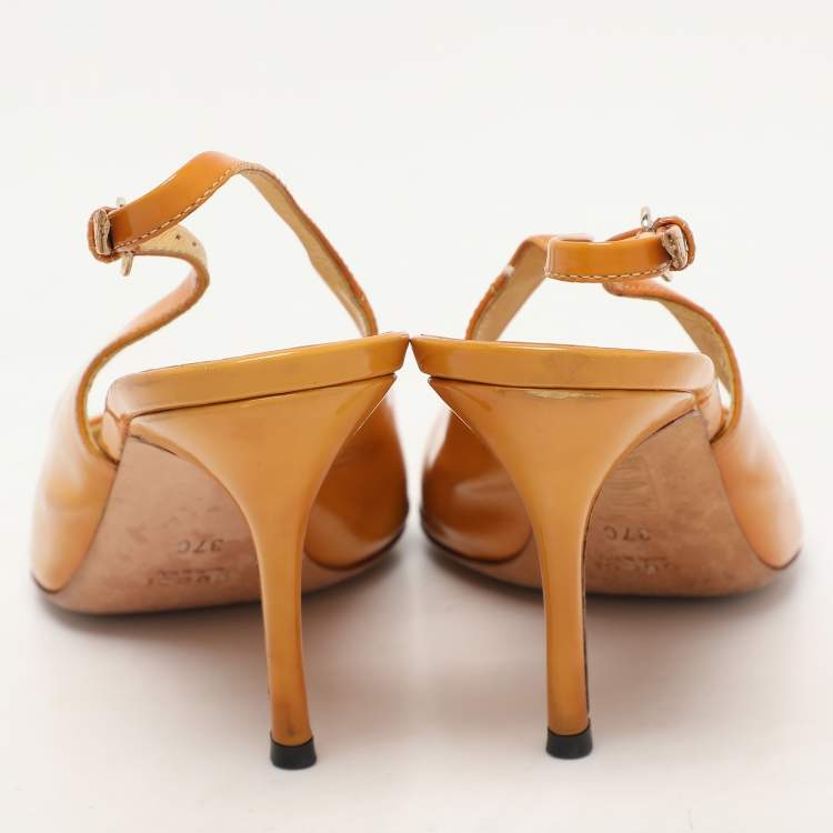 Pre Owned Gucci Yellow Patent Leather Peep Toe Slingback Pumps Size 37