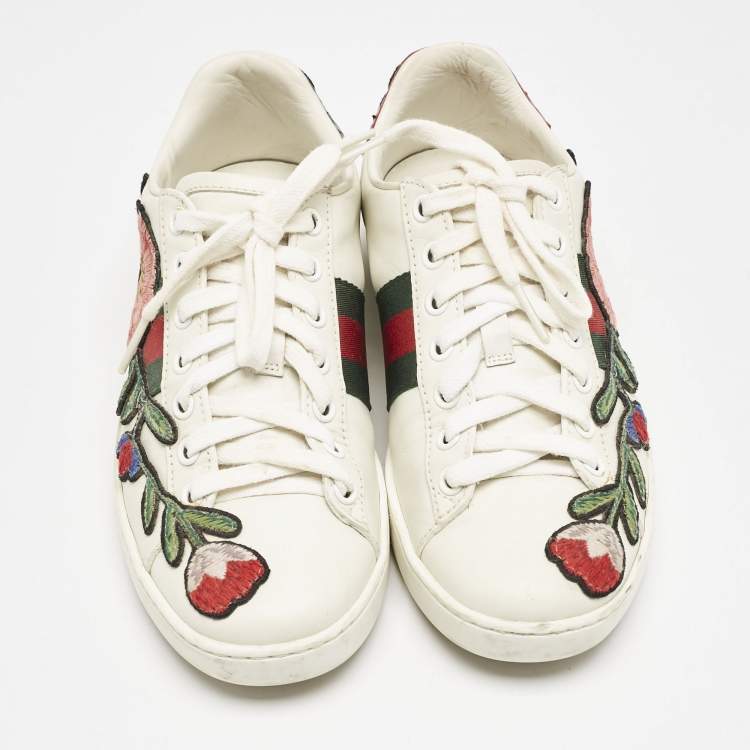 Pre Owned Gucci White Leather Floral Embroidered Ace Low Top Sneakers Size 35
