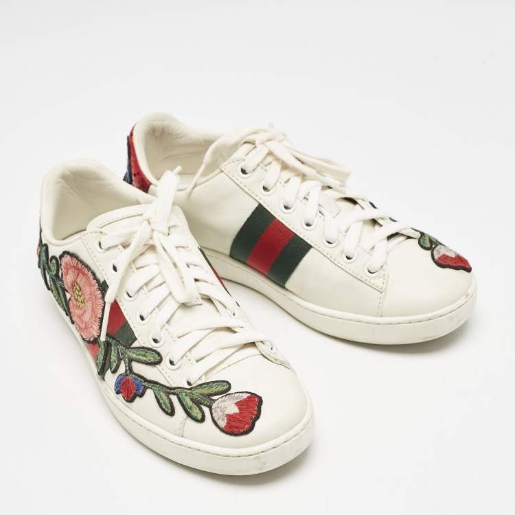 Pre Owned Gucci White Leather Floral Embroidered Ace Low Top Sneakers Size 35