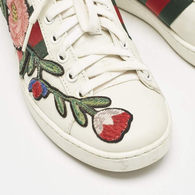 Pre Owned Gucci White Leather Floral Embroidered Ace Low Top Sneakers Size 35