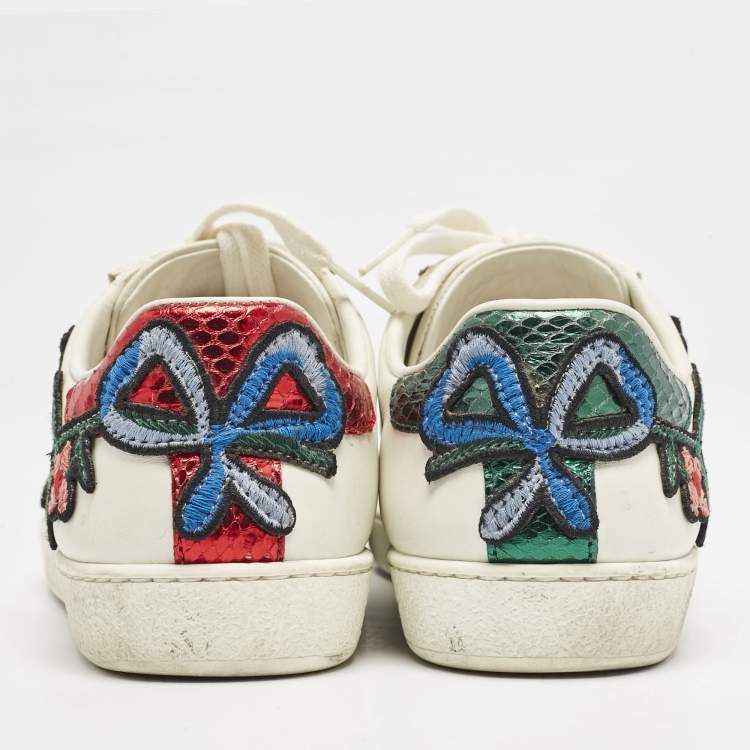 Pre Owned Gucci White Leather Floral Embroidered Ace Low Top Sneakers Size 35