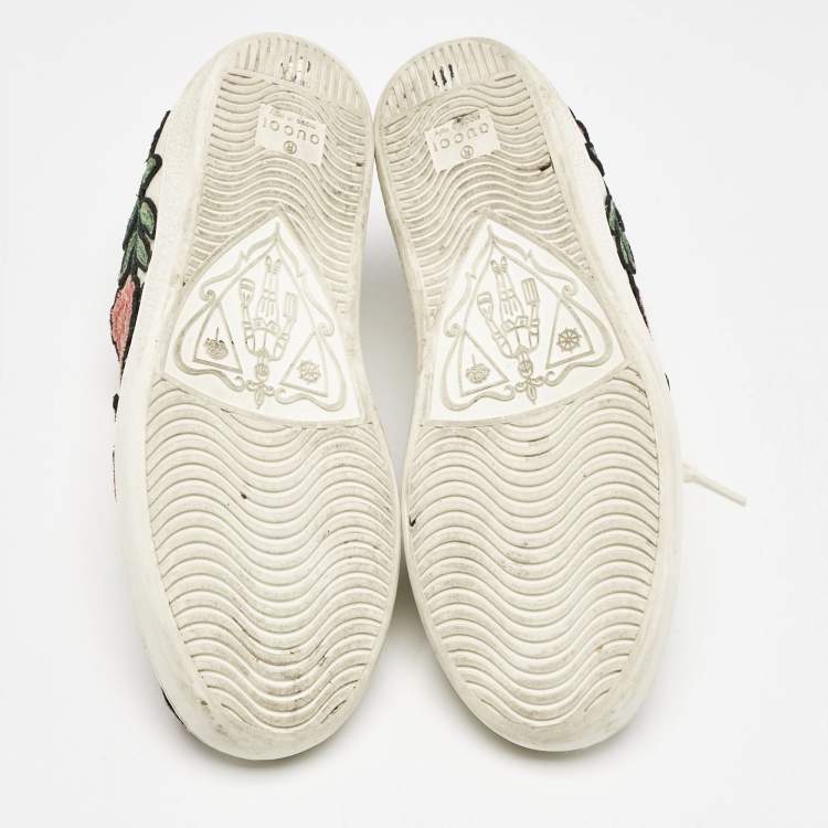 Pre Owned Gucci White Leather Floral Embroidered Ace Low Top Sneakers Size 35