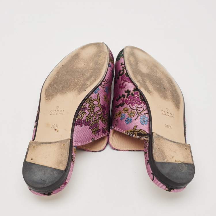 Pre Owned Gucci Black/Pink Lace and Leather Princetown Mules Sandals Size 38.5