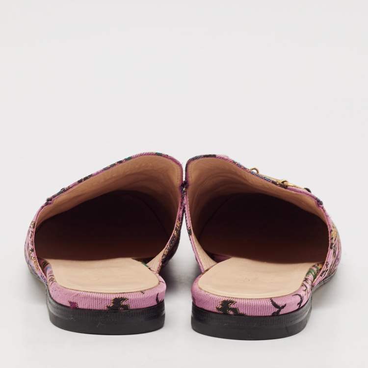 Pre Owned Gucci Black/Pink Lace and Leather Princetown Mules Sandals Size 38.5