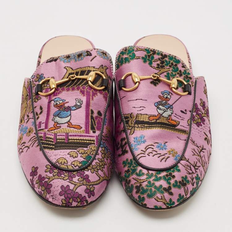 Pre Owned Gucci Black/Pink Lace and Leather Princetown Mules Sandals Size 38.5