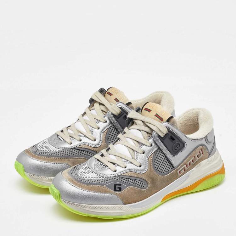 Pre Owned Gucci Silver/Brown Leather and Mesh Ultrapace Low Top Sneakers Size 37.5