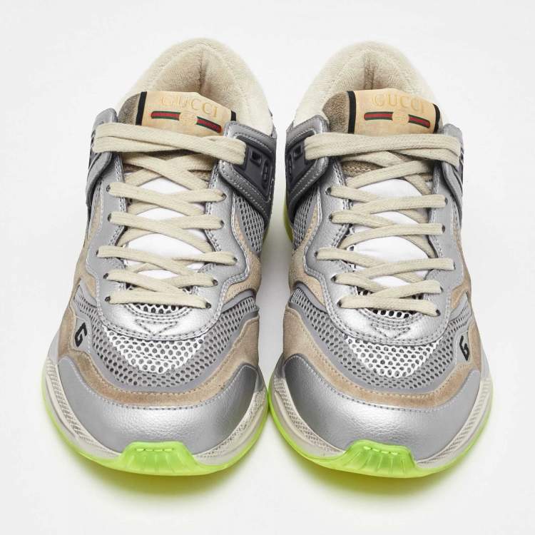 Pre Owned Gucci Silver/Brown Leather and Mesh Ultrapace Low Top Sneakers Size 37.5