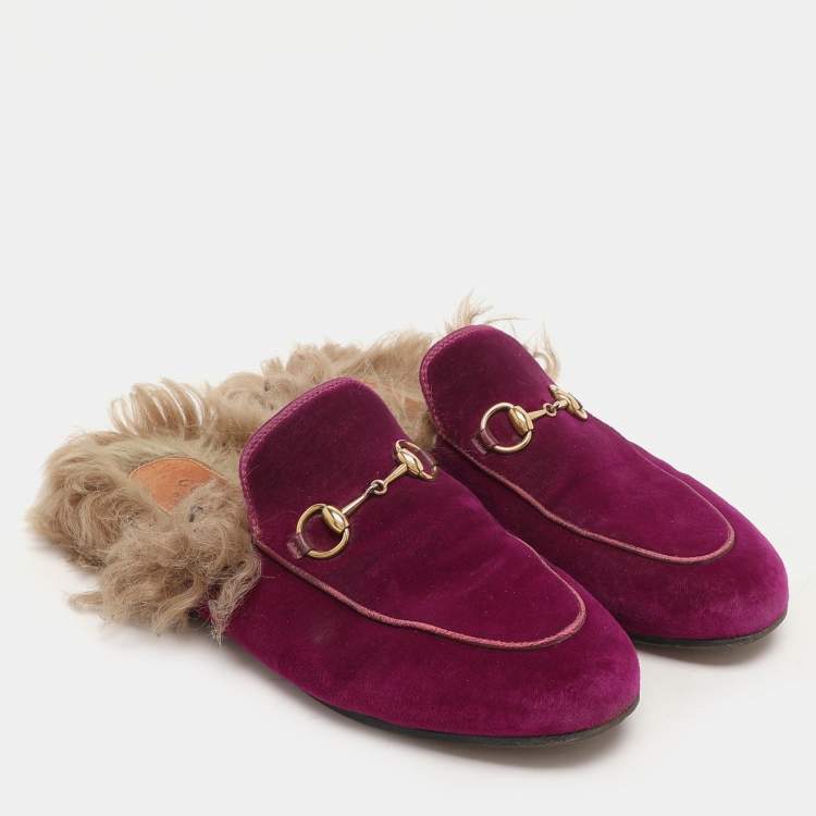 Pre Owned Gucci Purple Velvet Princetown Horsebit Mules Size 37