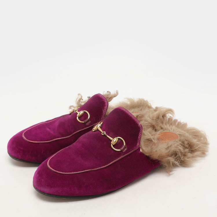Pre Owned Gucci Purple Velvet Princetown Horsebit Mules Size 37