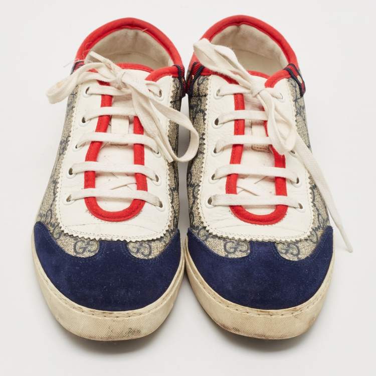 Pre Owned Gucci Beige/Blue GG Supreme Canvas and Suede Low Top Sneakers Size 37.5