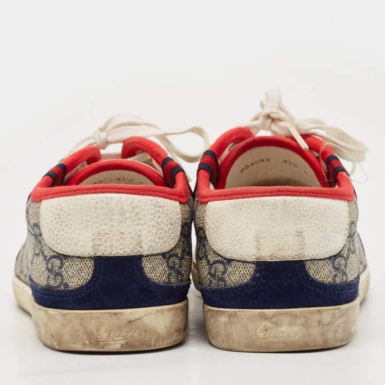 Pre Owned Gucci Beige/Blue GG Supreme Canvas and Suede Low Top Sneakers Size 37.5