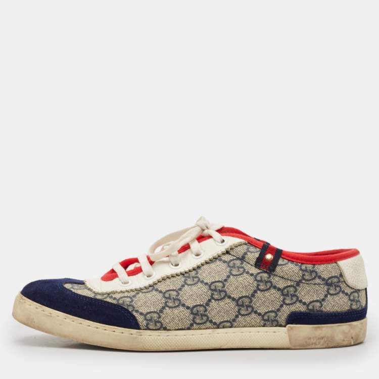 Pre Owned Gucci Beige/Blue GG Supreme Canvas and Suede Low Top Sneakers Size 37.5