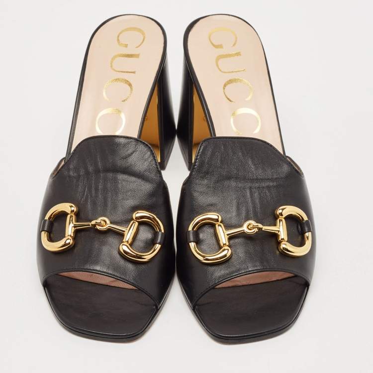 Pre Owned Gucci Black Leather Horsebit Slide Sandals Size 41