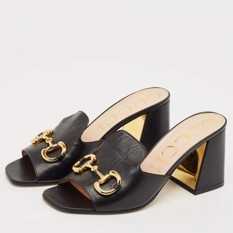 Pre Owned Gucci Black Leather Horsebit Slide Sandals Size 41
