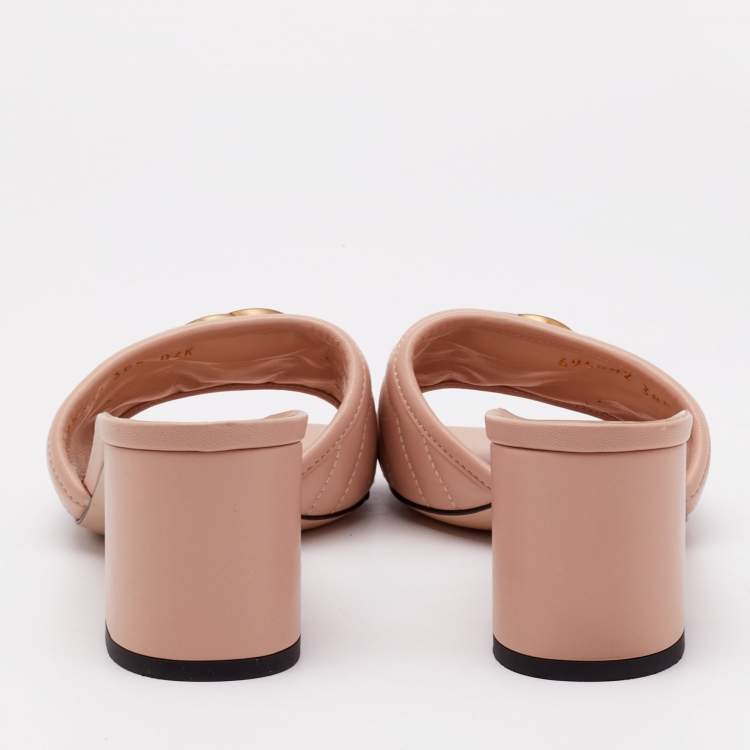Pre Owned Gucci Peach Pink Quilted Leather GG Marmont Open Toe Slide Sandals Size 38.5