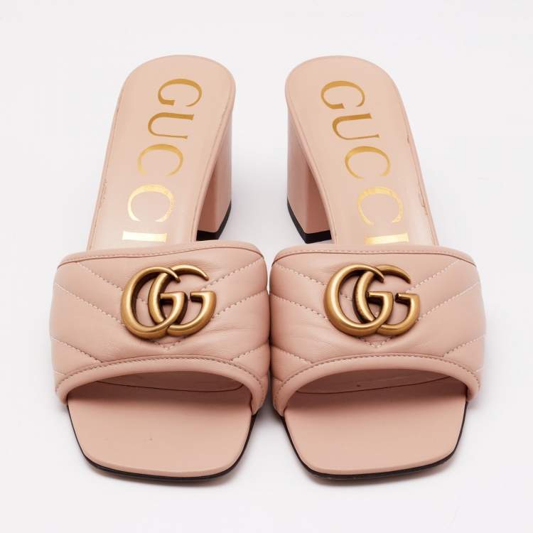 Pre Owned Gucci Peach Pink Quilted Leather GG Marmont Open Toe Slide Sandals Size 38.5
