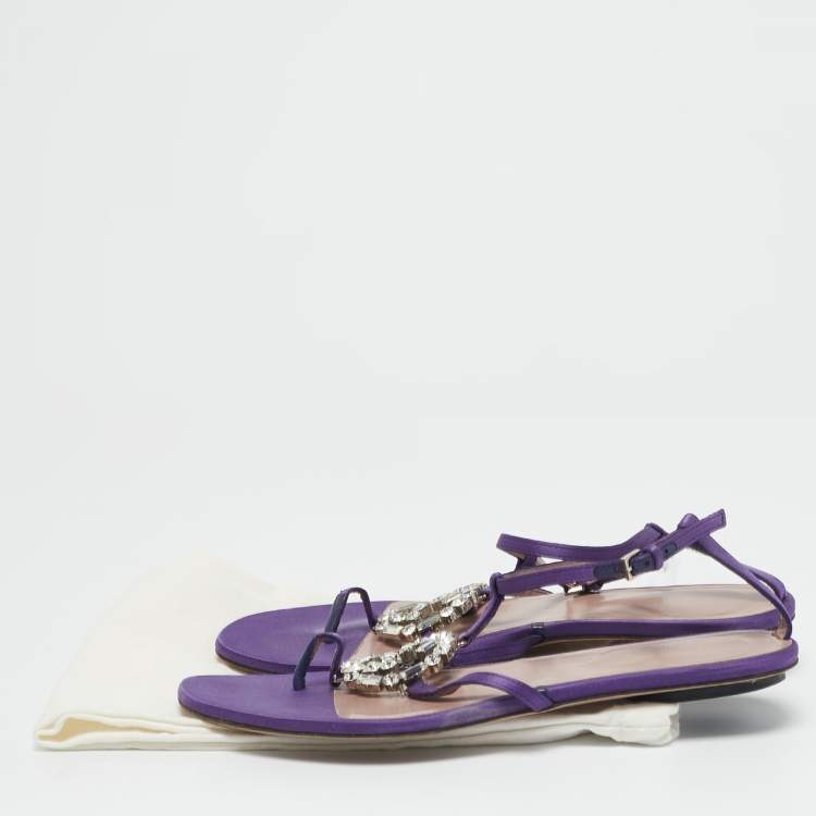 Pre Owned Gucci Purple Satin Crystal Embellished Interlocking G Thong Flat Sandals Size 36