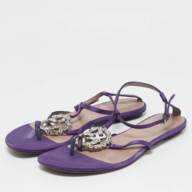 Pre Owned Gucci Purple Satin Crystal Embellished Interlocking G Thong Flat Sandals Size 36