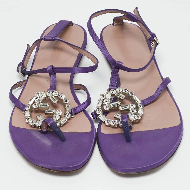 Pre Owned Gucci Purple Satin Crystal Embellished Interlocking G Thong Flat Sandals Size 36