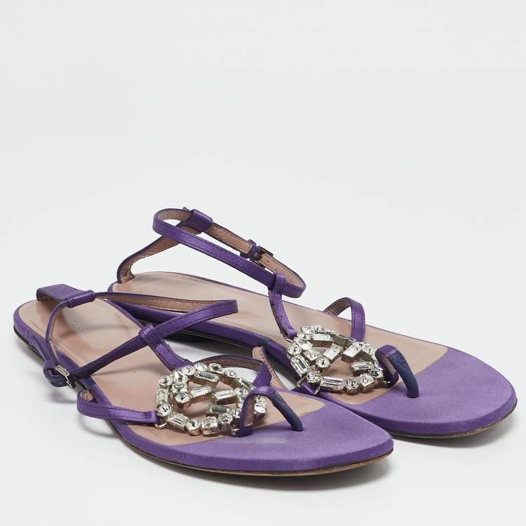 Pre Owned Gucci Purple Satin Crystal Embellished Interlocking G Thong Flat Sandals Size 36