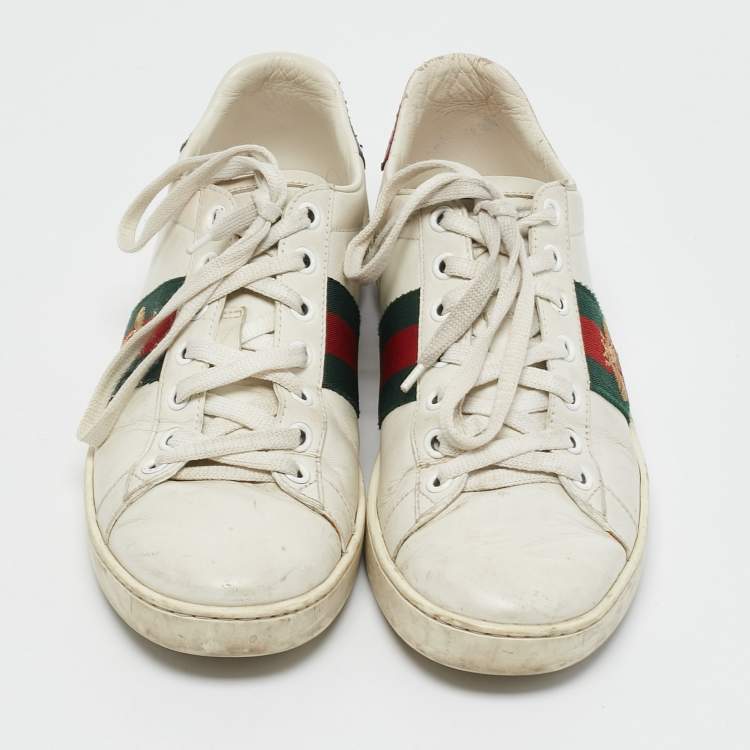 Pre Owned Gucci White Leather Bee Embroidered Ace Web Low Top Sneakers Size 37