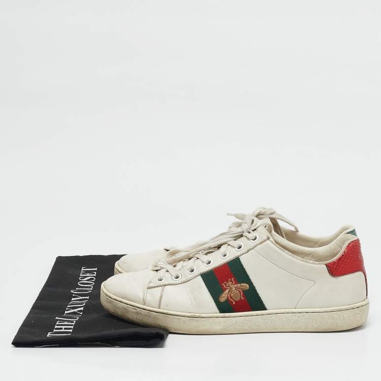 Pre Owned Gucci White Leather Bee Embroidered Ace Web Low Top Sneakers Size 37