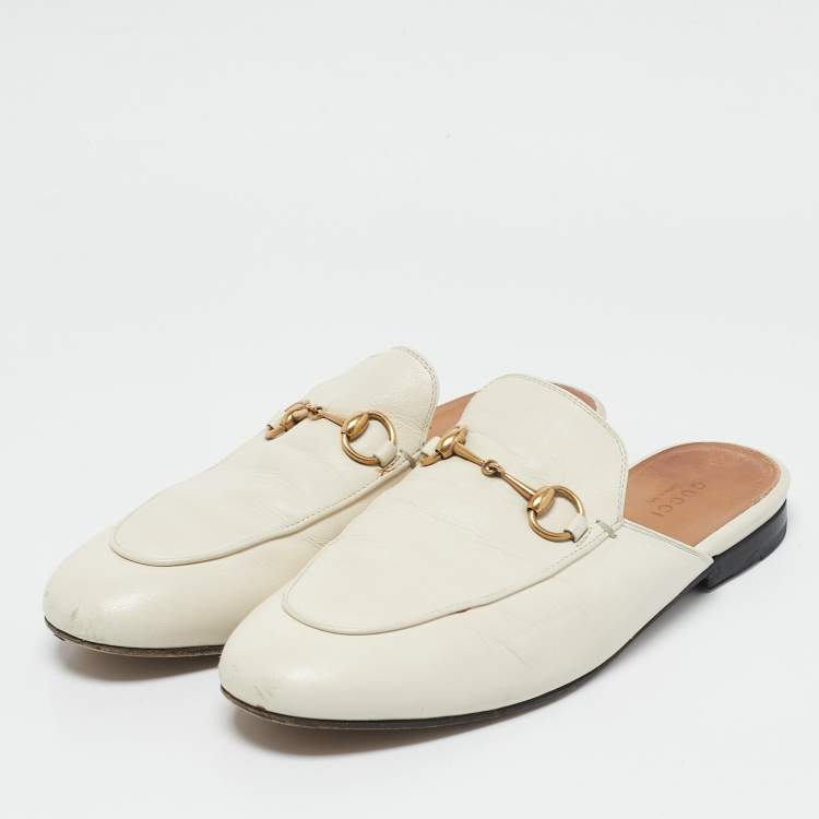 Pre Owned Gucci Off White Leather Princetown Flat Mules Size 38