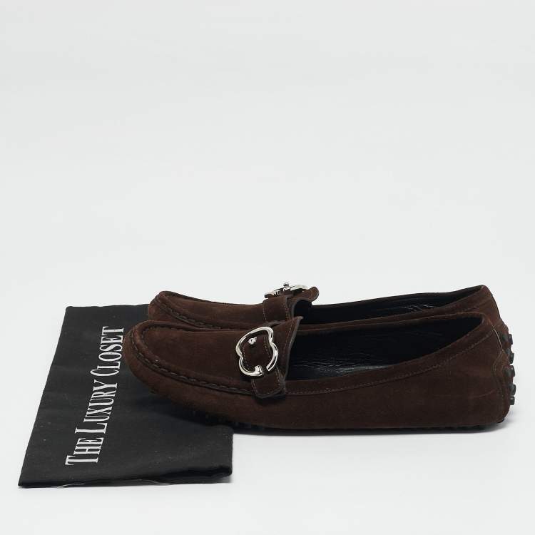 Pre Owned Gucci Dark Brown Suede Sachalin Buckle Slip On Loafers Size 39.5