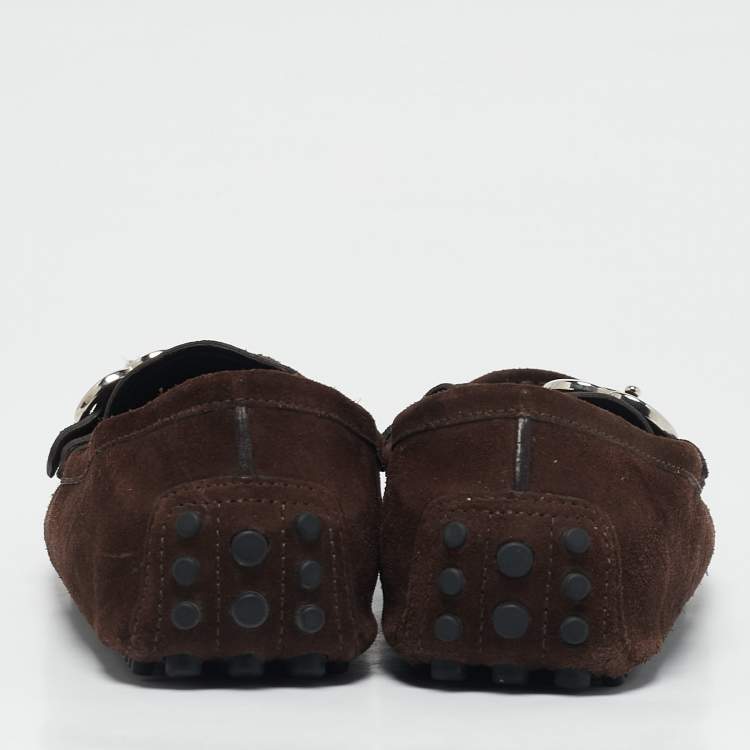 Pre Owned Gucci Dark Brown Suede Sachalin Buckle Slip On Loafers Size 39.5