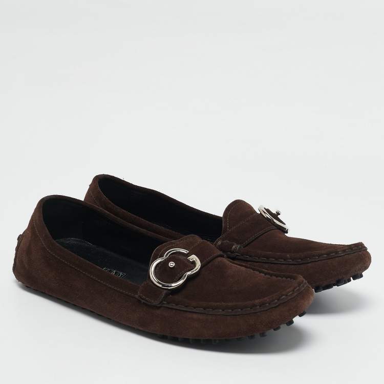 Pre Owned Gucci Dark Brown Suede Sachalin Buckle Slip On Loafers Size 39.5