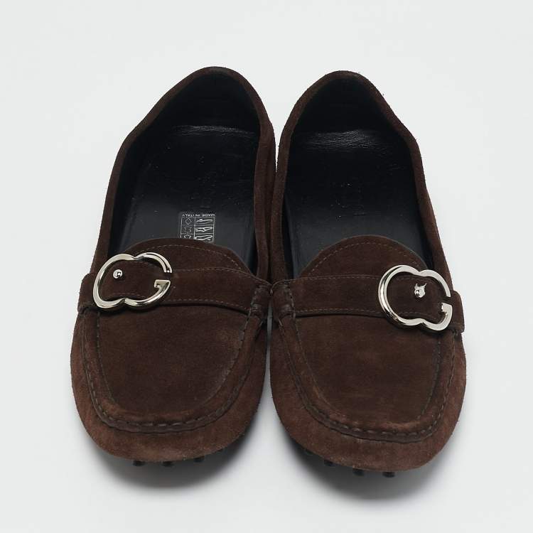 Pre Owned Gucci Dark Brown Suede Sachalin Buckle Slip On Loafers Size 39.5