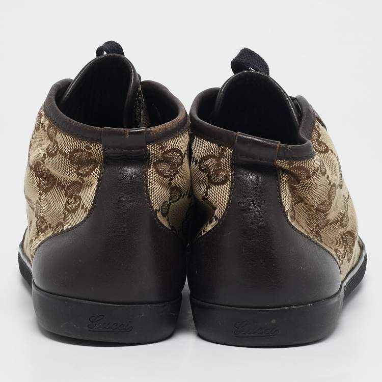 Pre Owned Gucci Brown/Beige GG Canvas and Leather Lace Up High Top Sneakers Size 35