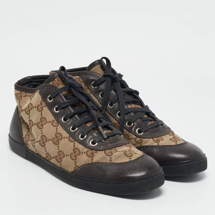 Pre Owned Gucci Brown/Beige GG Canvas and Leather Lace Up High Top Sneakers Size 35